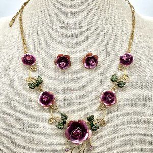 Statement Necklace Set with Plum-Shaded Roses